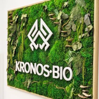 Moss art with a company logo in the center. The artwork consists of mushrooms, twigs, leaves and ferns.