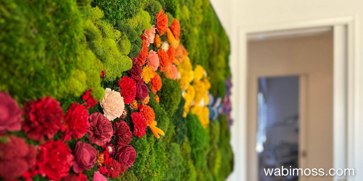 Bright red and orange flowers in a moss artwork.
