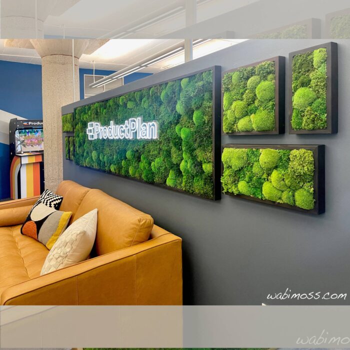 Moss artwork above an orange couch. The moss has a company logo in the middle.