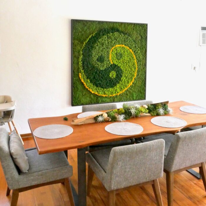 Ying Yang moss artwork with a three part swirl with burnt pine frame