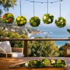 Preserved moss sphere chandelier with colorful flowers hanging from a mahogany rod outdoors