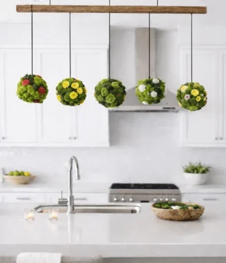 Five hanging moss spheres with preserved reindeer moss and flowers suspended from a mahogany rod above a modern kitchen island