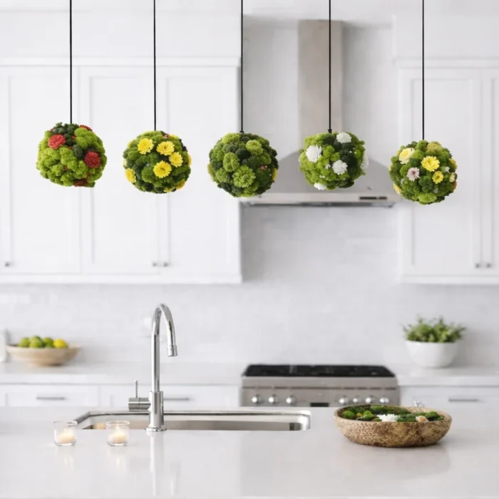 Five hanging moss spheres with preserved reindeer moss and flowers suspended from a mahogany rod above a modern kitchen island